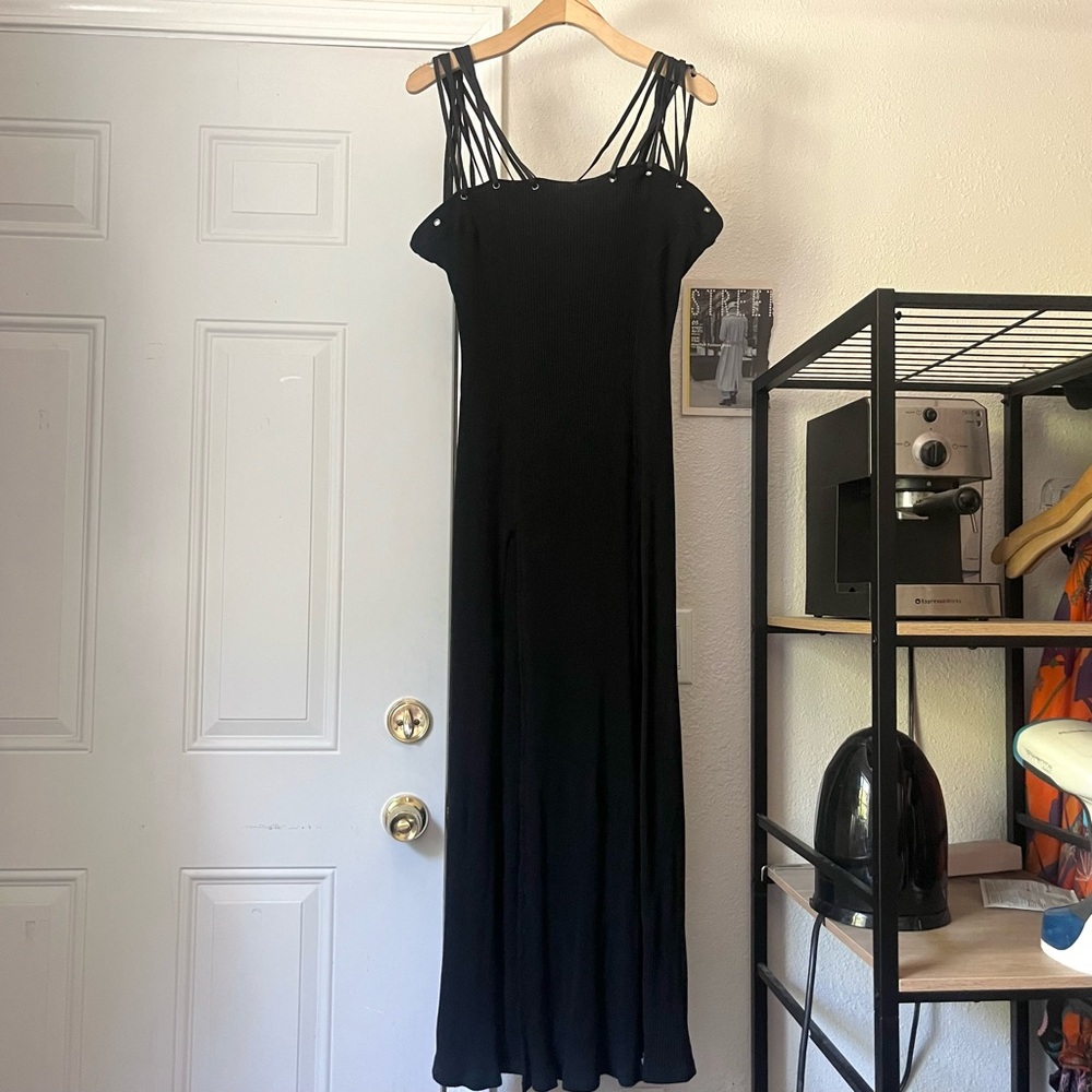 NWT DARKER WAVS dollskill black cotton blend rib‎ knit goth strappy maxi dress